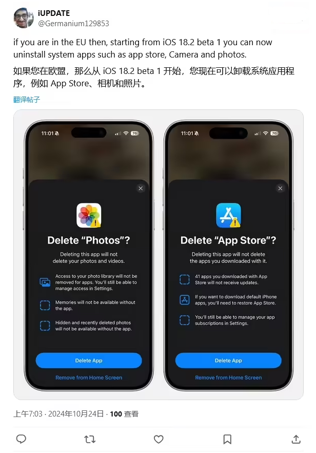 龙岗苹果手机维修分享iOS 18.2 支持删除 App Store 应用商店 